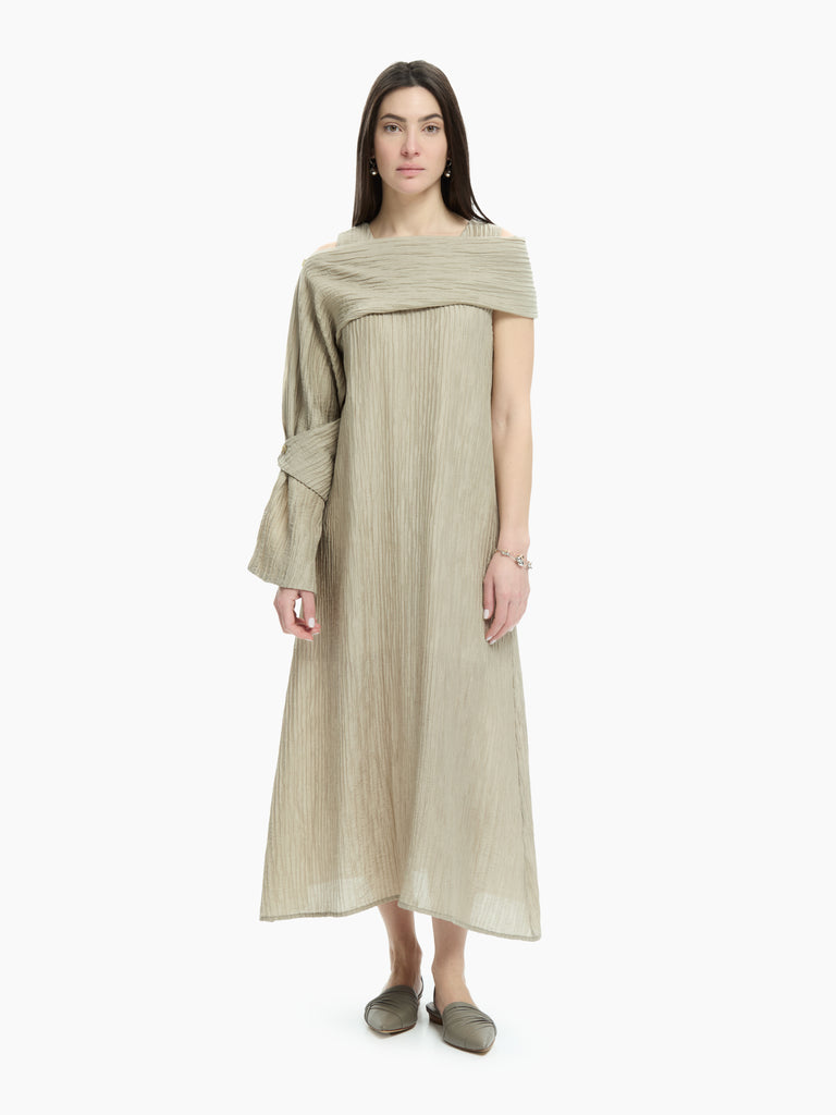 Long pleated dress with draped neckline